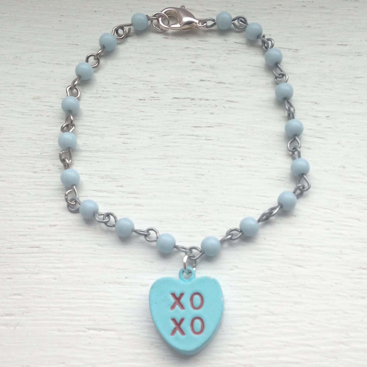 Vintage Love Heart Charm Bracelet XO XO Blue by tartanmiss
