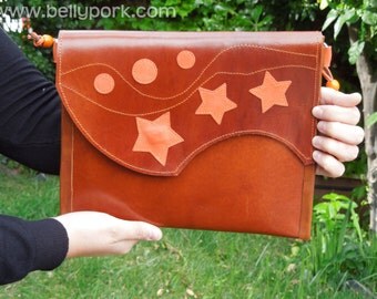 LEATHER Bag. Genuine star & circles , thick cow leather bag, handmade. Brown and orange. Lined in orange.