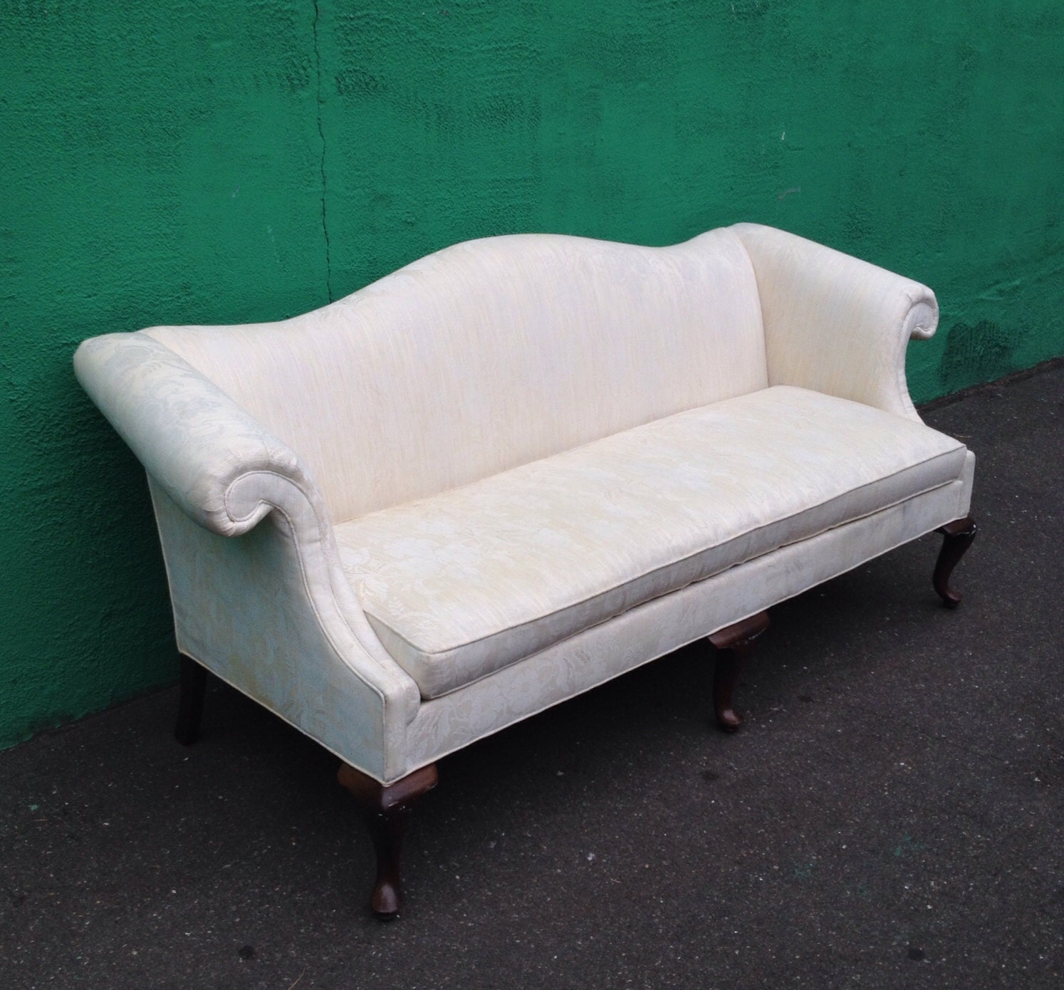 Vintage White Camel Back Damask Sofa