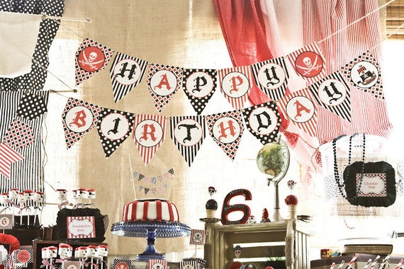 INSTANT DOWNLOAD diy Pirate Birthday Party PRINTABLE pendant Banner red black white sculls sign -Cupcake Express Il_570xn