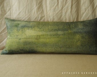 Green landscape lumbar pillow. Bring nature in pillowcase. Abstrait art green .. Seen from train / FRAGMENTS