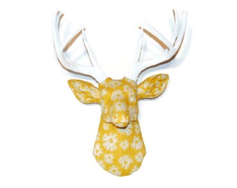 Fabric Deer Head Wall Mount - Yellow and White Flower Fabric - Deer Faux Taxidermy - FAD4601