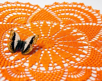 Crochet Doily, tabletop decor, lace centerpiece, frame for wall decor, bright orange, orange sun, sunshine, heirloom quality, cottage chic