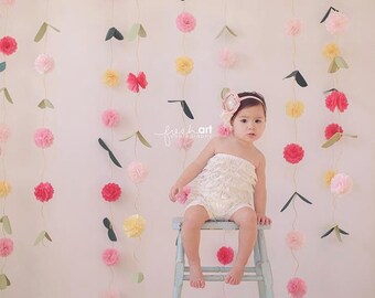 Pom Pom Vines- pom pom garland // flower garland backdrop // photo booth backdrop // Rifle Paper Co. Inspired // whimsical party decoration