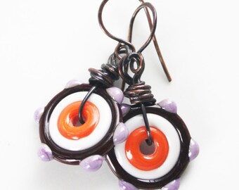 Lampwork Disc Earrings - Red, Gray, Chocolate, Purple - Oxidized Copper Wire Wrapped earrings, rustic earrings, lampwork earrings