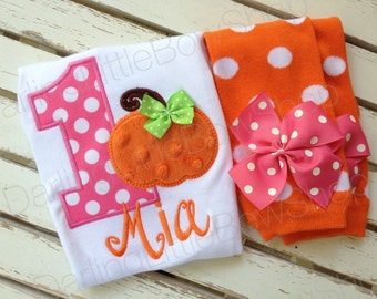 Baby Girl 1st Birthday Pumpkin Outfit -- This Pumpkin is 1 -- bodysuit and leg warmers in orange and hot pink polka dot