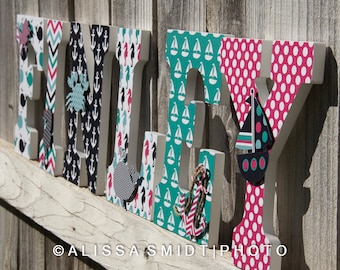 Custom Nursery Wooden Letters, Baby Girl Nursery - Nautical Theme Custom Letters, Pink Teal Navy (whale, boat, anchor, seahorse) 9 inch size