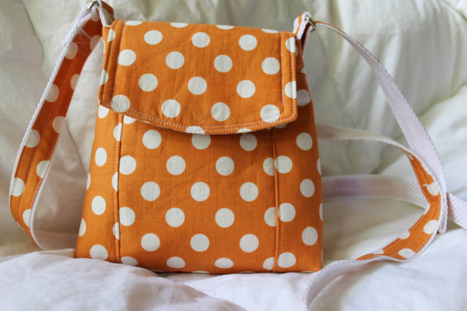 Mini Cross Body Messenger Bag made in Tangerine Polka dots
