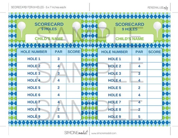 Golf Party Scorecard for 9 & 6 holes INSTANT DOWNLOAD