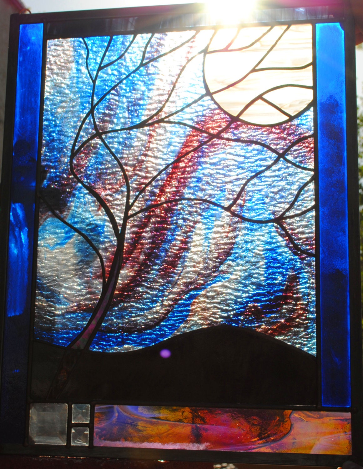 Stained Glass TREE night Blue Purple black white PANEL WINDOW