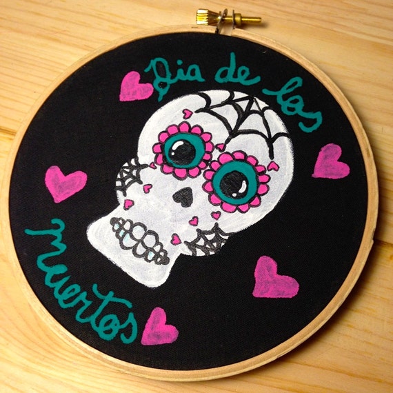 Dia de Los Muertos Sugar Skull in Teal and Hot Pink with Hearts