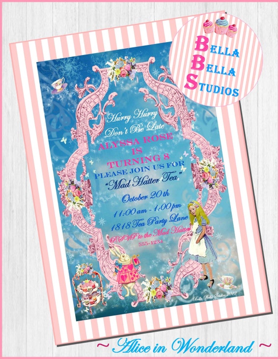 ALICE in WONDERLAND Customized Printable Birthday Party INVITATION - Featured on Kara's Party Ideas Website and Blog - Bella Bella Studios Il_570xn