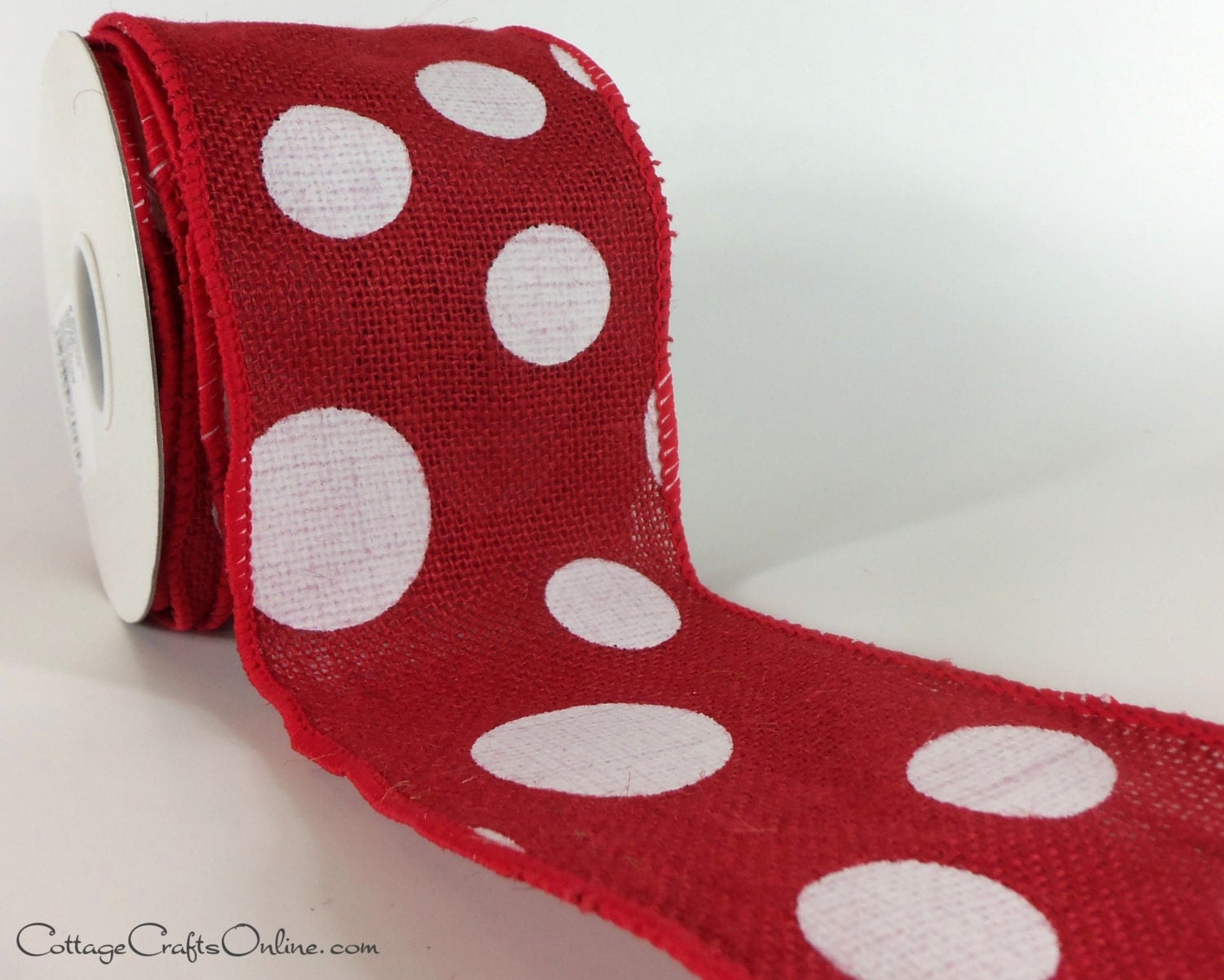 Burlap Wired Ribbon 4 Red White Polka Dot Three Yards