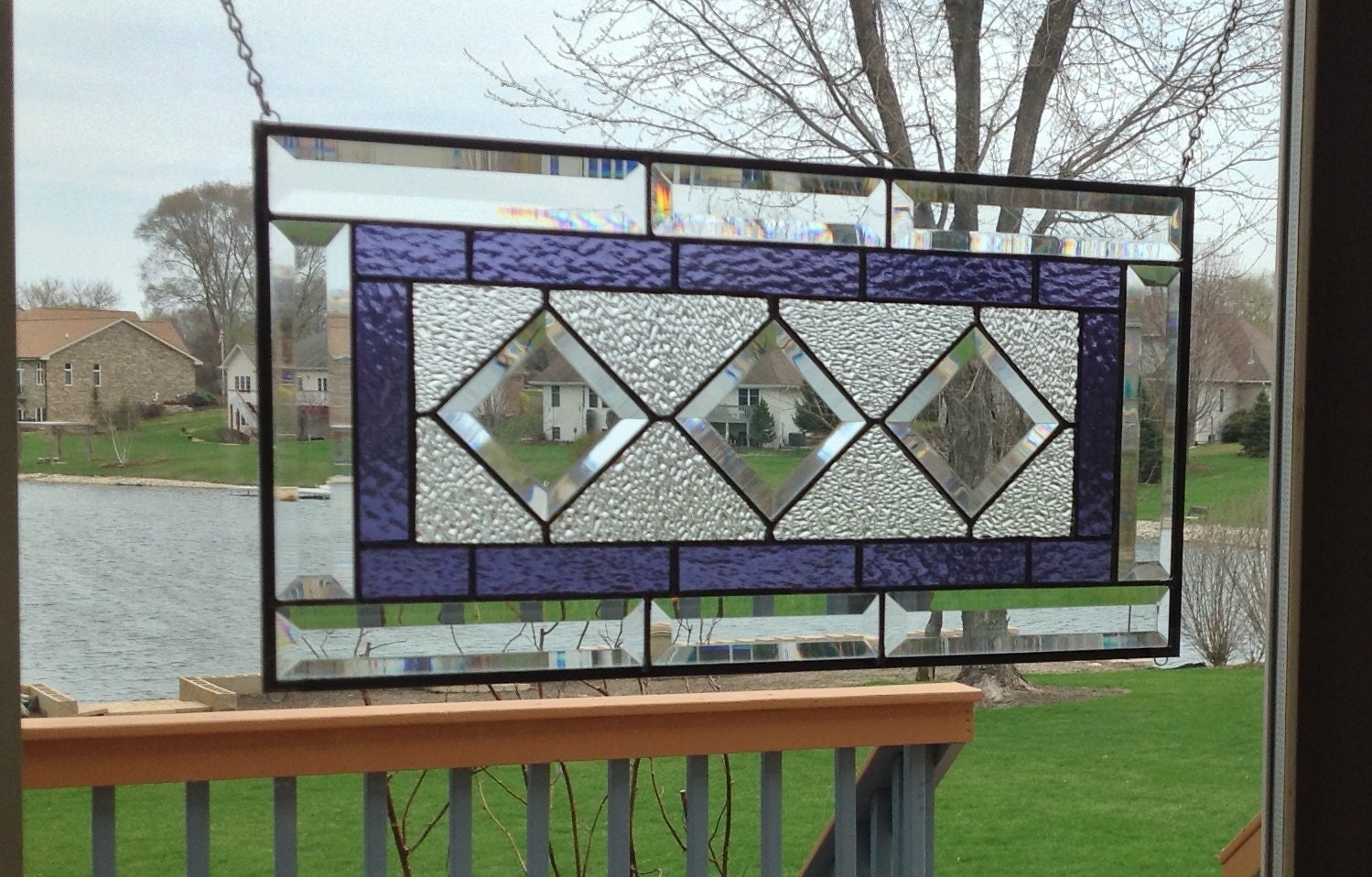 Beveled purple stained glass window panel diamond geometric