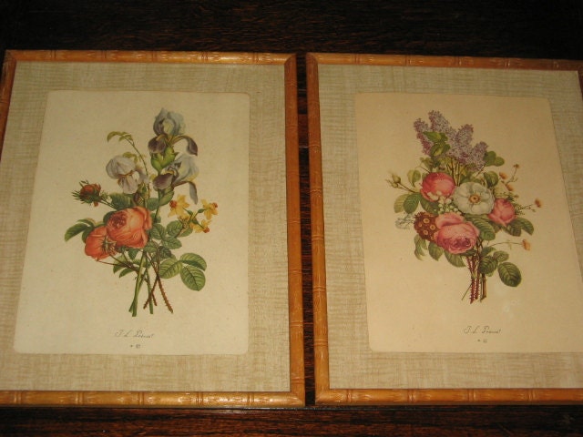 VINTAGE FLORAL PRINTS Pair of Framed Prints Flower Bouquets