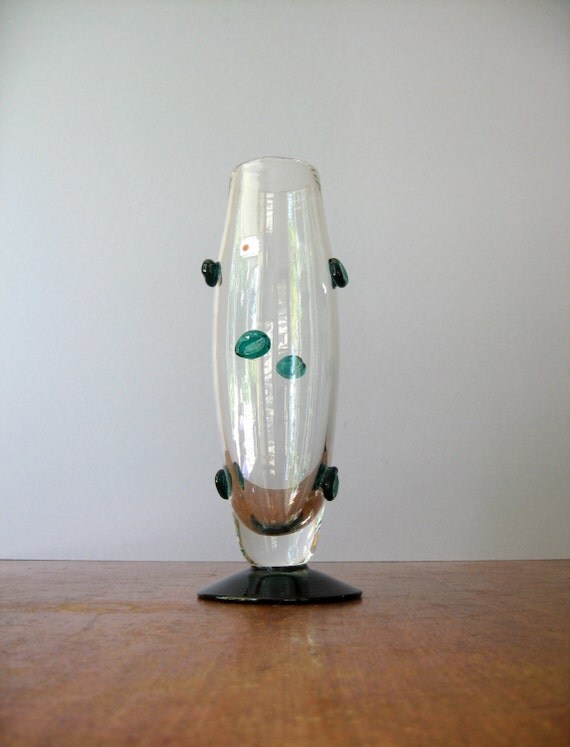 Large Vintage Blenko Glass Vase Applied Green Blobs