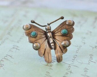 Mexican Sterling and Turquoise Butterfly Brooch Pin
