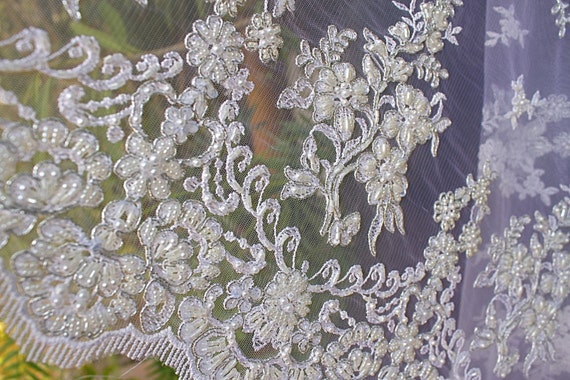 BEADED LACE White FABRIC Hand Beaded Pearls Sequin