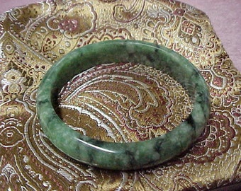 Vintage Genuine Green Jade Bangle with Some Black Marbling, 2.25" inside Diameter, 11MM Wide