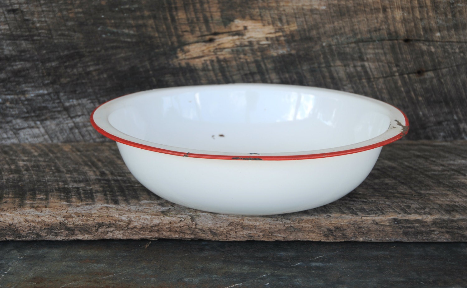 Vintage Enamelware Bowl White with Red Trim