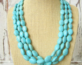 Triple Strand Turquoise Necklace. Turquoise Howlite Statement Necklace. Multi Strand Turquoise Jewelry. Beadwork Necklace.Boho Necklace