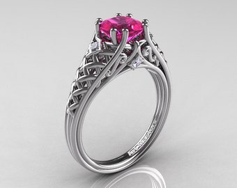 Classic French 14K White Gold 1.0 Ct Princess Pink Sapphire Diamond Lace Engagement Ring or Wedding Ring R175P-14KWGDPS