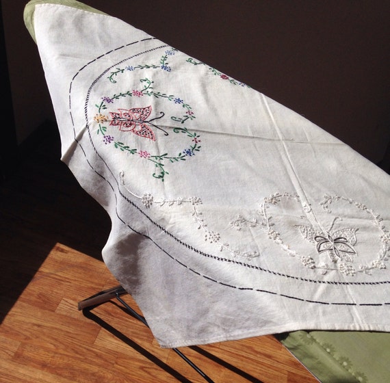 Vintage Hand Embroidered Butterfly Table Square