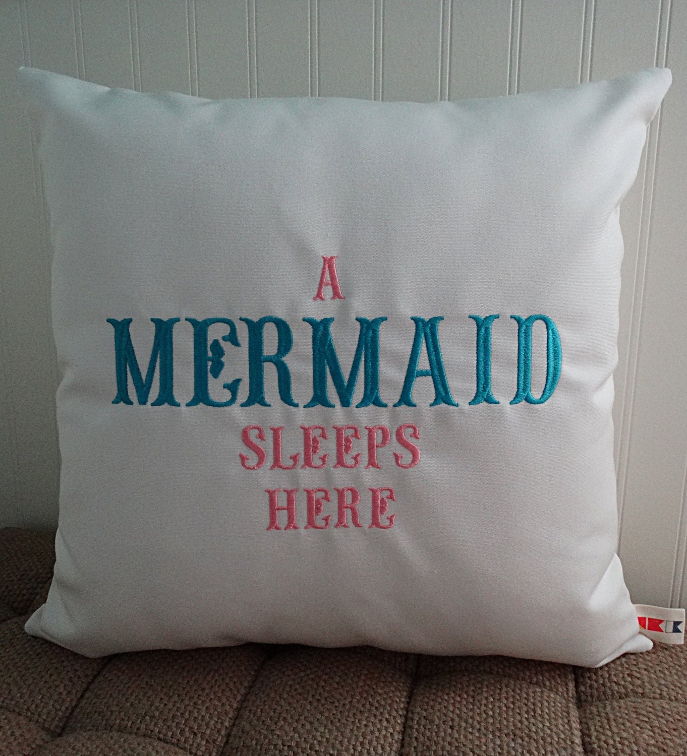 Mermaid pillow cover embroidered 18 x 18 Sunbrella