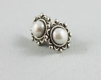Oxidized Silver Post Earrings, Silver Stud Pearl Earrings, Surgical Steel Post Earrings, Gift Idea For Her