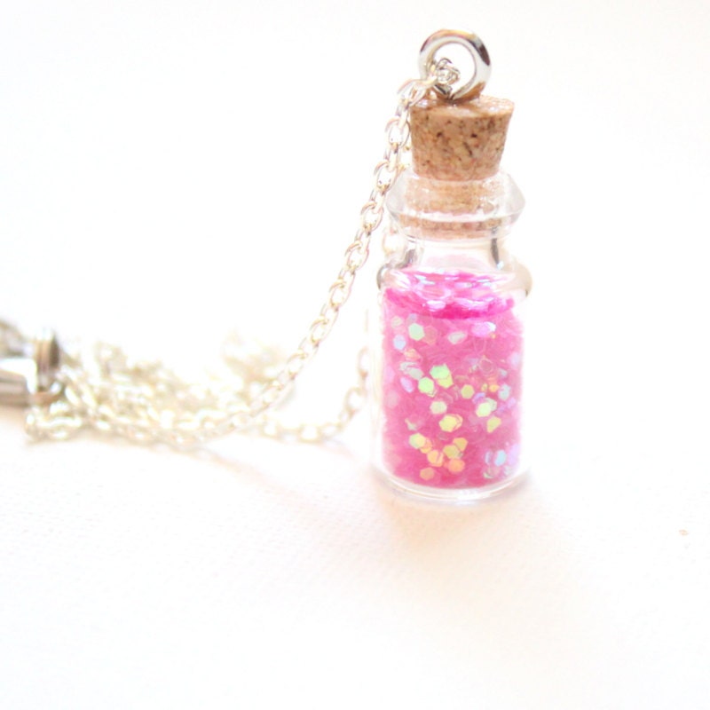 Glitter Bottle Chain Necklace Sparkle Pink by AnneCate on Etsy