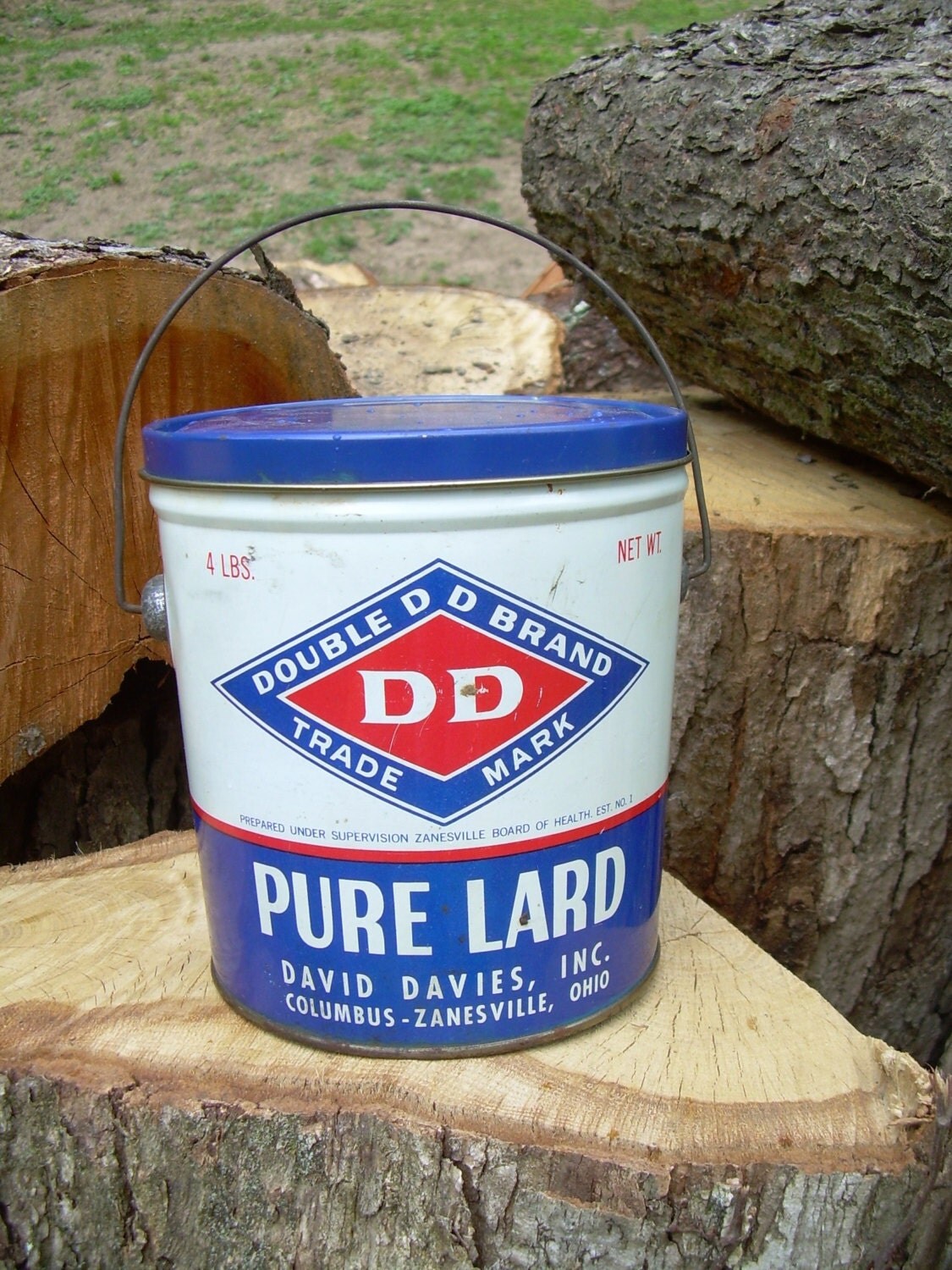 Vintage DD Double D Brand Lard Bucket Red White Blue OH