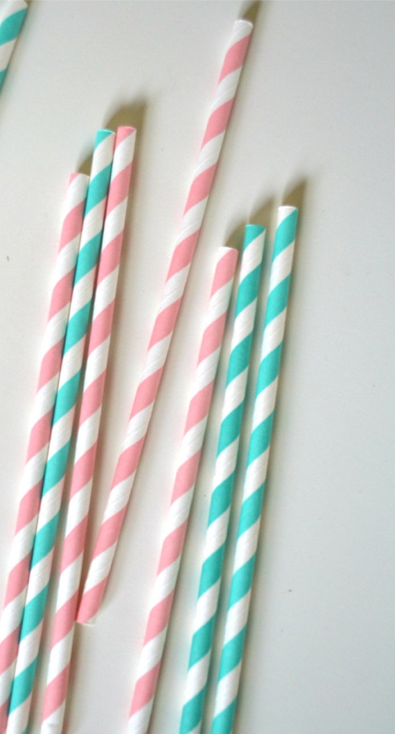 Aqua and Pink Paper Straws, Little girl beach party, Pool Party, Teal and pink baby shower Il_570xn