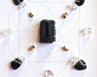 BLACK TOURMALINE -- GRID--- framed crystal grid with sacred geometry