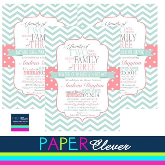 Family of baby shower invitations, coral, mint, twins - printable, digital file #37 Il_570xn