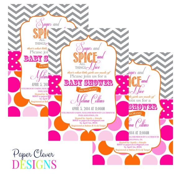 Girls baby shower invitation, sugar & spice, orange, hot pink ...