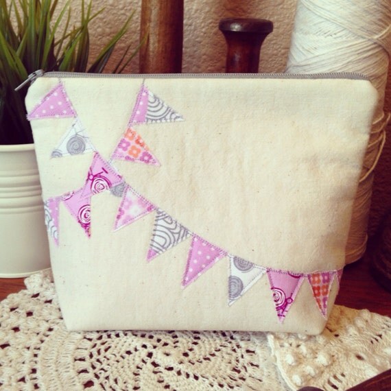 Items similar to Muslin zipper pouch with purple and grey bunting. on Etsy