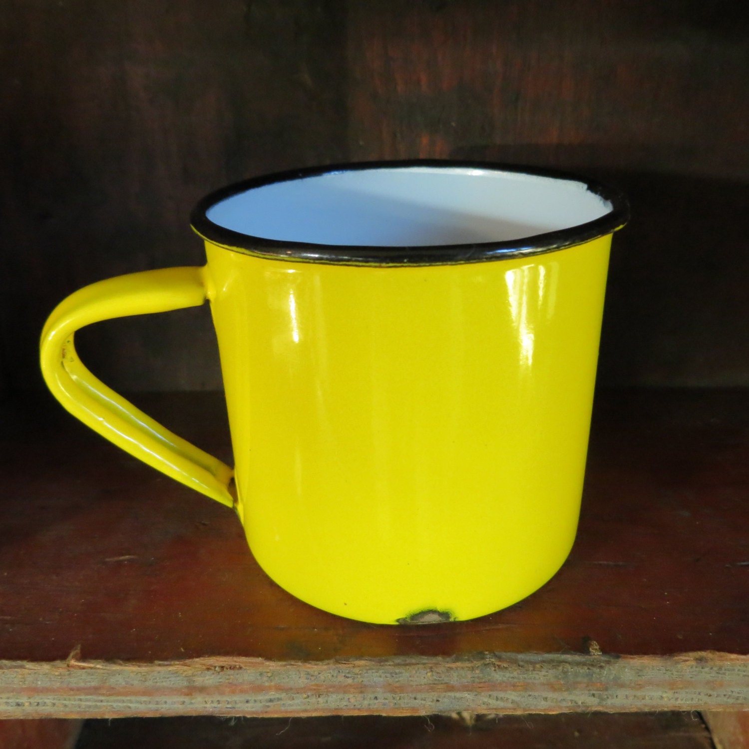 Vintage Metal Enamel Cup Vintage Mug Yellow and by oZdOinGItagaiN