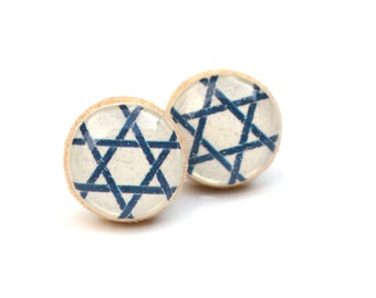 Navy blue and white geometric post earrings geometric studs white studs eco friendly jewelry, wood earrings, minimalist jewelry