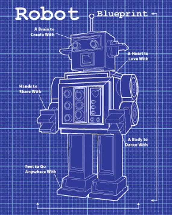 Dark Blue Robot Blueprint. Robot 8X10 Art Print. Home Decor
