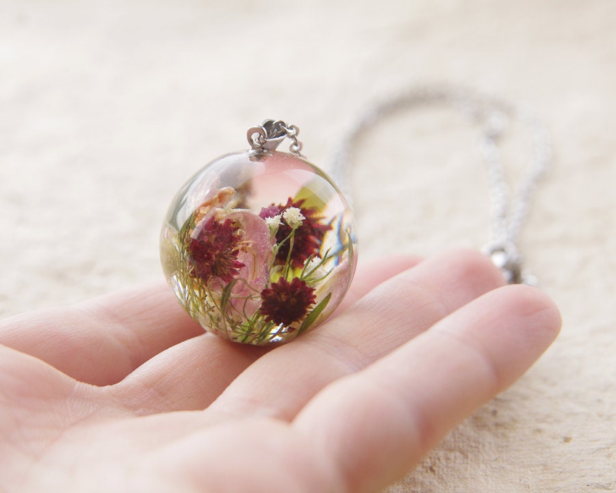 Real Flowers Necklace resin orb jewelry Unique orb