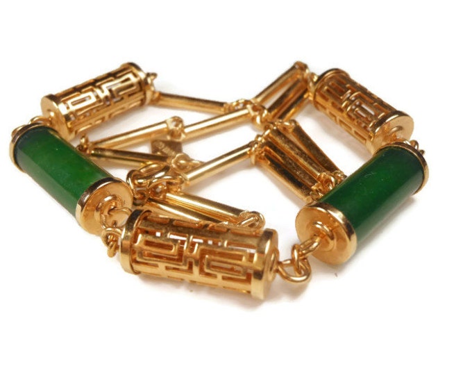 Sarah Coventry necklace, Faux Jade named Oriental Lanterns faux jade green tubes and gold filigree tubes on a chain, 1978 book piece