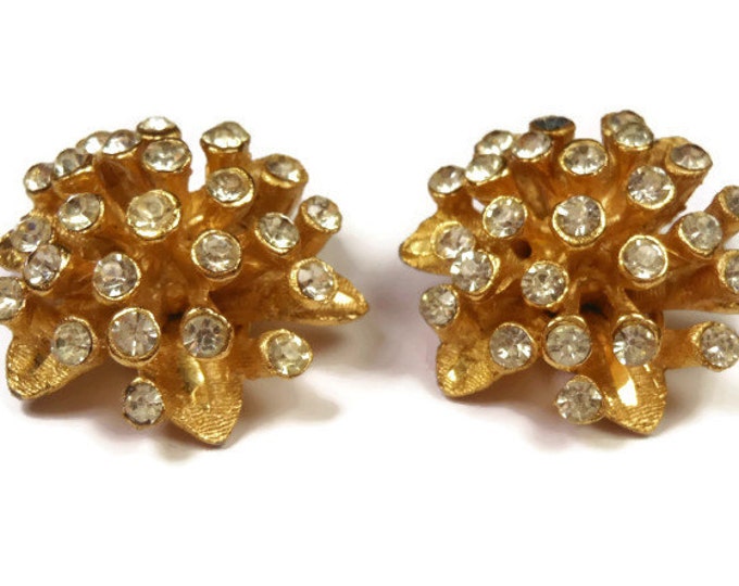 FREE SHIPPING BSK rhinestone earrings, clear flower or sea urchin clip earrings with gold leaves, signed