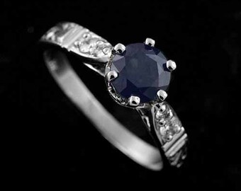 Art Deco Engraved Engagement Ring, 6mm Round Blue Sapphire Ring, Prong Set Diamond Engagement Ring, Carved Vintage Style 14K White Gold Ring