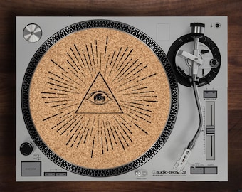 Turntable Slipmat - All Seeing Eye engraved Cork turntable slipmat with Reversable fabric Back