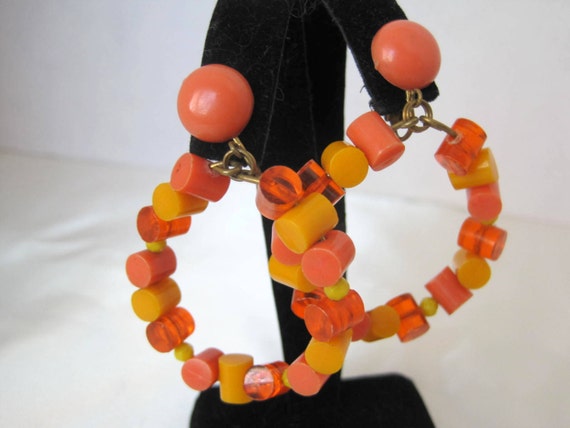 Orange Yellow Retro Earrings - Signed Germany - Modernist Hoops - Lucite Dangle Clip Ons