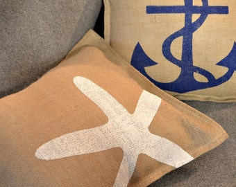 Painted Burlap STAR FISH Pillow …Hand Screened on Burlap