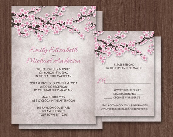 Cherry Blossom Reception Only Invitations and RSVP - Printed or Printable - Vintage Rustic Pink floral Summer Spring Il_570xn