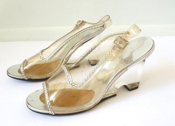 Vintage 1960s Lucite Wedge Sandals 8N by singlefilevintage on Etsy