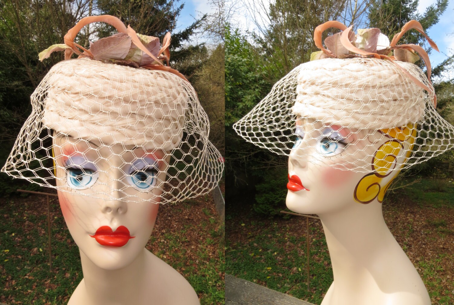 Vintage cream net hat with millinary flowers and blush pink feathers