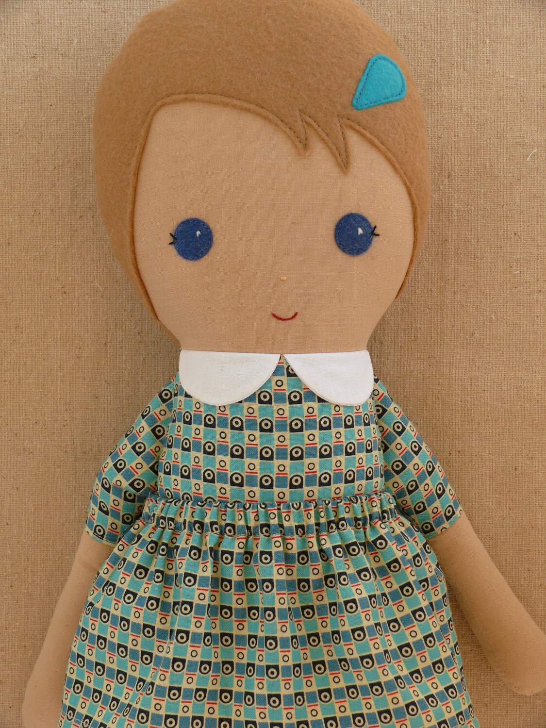 Fabric Doll Rag Doll Girl in Modern Blue Check Dress